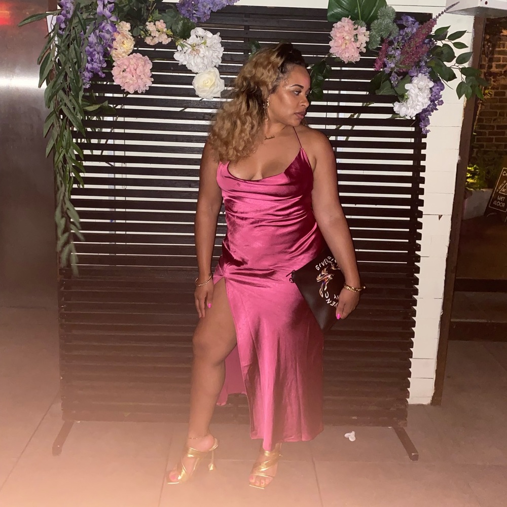 Pink satin high split dress